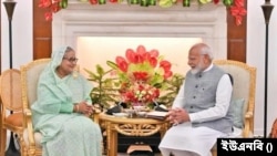 নয়াদিল্লির হায়দরাবাদ হাউসে বাংলাদেশের প্রধানমন্ত্রী শেখ হাসিনা এবং ভারতের প্রধানমন্ত্রী নরেন্দ্র মোদী। ২২ জুন, ২০২৪।