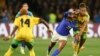 Brazil's Geyse, center, in action against Jamaica's Atlanta Primus during the Women's World Cup Group F soccer match between Jamaica and Brazil in Melbourne, Australia, Aug. 2, 2023.