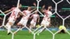 Croatia players celebrate as Brazil's Marquinhos, right, missed a penalty kick to secure the World Cup victory for Croatia on Dec. 9, 2022. 