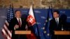 Slovak Foreign Minister Miroslav Lajcak, right, and U.S. Secretary of State Mike Pompeo address the media during a press conference in Bratislava, Slovakia, Feb. 12, 2019.
