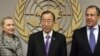 U.S. Secretary of State Hillary Rodham Clinton, and Russian Foreign Minister Sergei Lavrov flank U.N. Secretary-General Ban Ki-moon, center, at United Nations headquarters, March 12, 2012.
